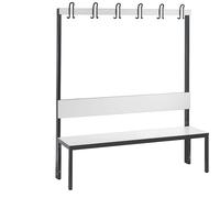 Banco para vestuarios COMFORT, por un solo lado C+P, HPL, respaldo y listón de ganchos
