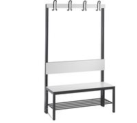 Banco para vestuarios COMFORT, por un solo lado C+P, HPL, respaldo y listón de ganchos