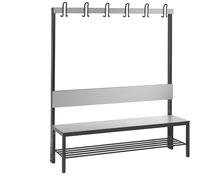 Banco para vestuarios COMFORT, por un solo lado C+P, HPL, respaldo y listón de ganchos
