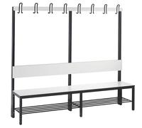 Banco para vestuarios COMFORT, por un solo lado C+P, HPL, respaldo y listón de ganchos