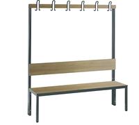 Banco para vestuarios COMFORT, por un solo lado C+P, HPL, respaldo y listón de ganchos