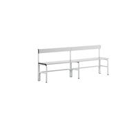 Banco para vestuarios de media altura con respaldo, por un lado Sypro, aluminio / acero inoxidable