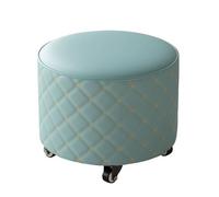 Banco pequeño tapizado de cuero azul claro con ruedas y reposapiés redondo acolchado para sala de estar y dormitorio, muebles versátiles para zapatos y relajación