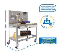 Simon Rack Banco de Trabajo Taller, Capacidad Carga 120 kg, 1520x1510x610 mm, Mesa de Trabajo, Incluye Ruedas, 1 Cajón, Gris/Madera - BT2