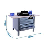 SimonRack Banco de Trabajo Taller, Capacidad Carga 1000 kg, 865x1800x750 mm, Mesa de Trabajo, 5 Cajones, Gris/Haya - BT6 PRO