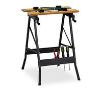 Relaxdays Banco Trabajo Plegable, hasta 100 kg, Mesa Taller Ajustable, 4 Mordazas, 75,5 x 56 x 62 cm, Natural y Negro