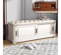 Banco vintage de almacenamiento de zapatos de madera maciza con asiento acolchado y puertas correderas, elegante zapatero para entrada, pasillo, sala de estar (blanco, 110 cm de largo)
