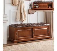 Banco vintage de almacenamiento de zapatos de madera maciza con puertas correderas de cojín, zapatero que ahorra espacio para entrada, pasillo, sala de estar, color marrón claro, 35 pulgadas de largo