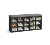 VASAGLE Banco Zapatero, Mueble Zapatero, Banco Recibidor con 15 Compartimentos y Asiento Acolchado, 30 x 105 x 48 cm, Entrada, Dormitorio, Sala de Estar, Negro Ébano y Gris Pizarra LHS015B02