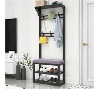 Banco zapatero con armario de almacenamiento de 2 niveles, elegante perchero para sala de estar y dormitorio, tela negra y gris, entrada compacta de 60 cm