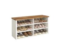 VASAGLE Banco Zapatero, Zapatero con Asiento, 6 Compartimientos, Estantes Ajustables, para Entrada, Sala de Estar, 29,5 x 100 x 50 cm, Blanco Rústico y Marrón Miel LSB036W02