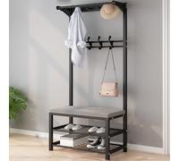 Banco zapatero de entrada con asiento acolchado y 2 estantes de almacenamiento, parte superior de piel sintética, color negro, ideal para espacios pequeños y entradas interiores