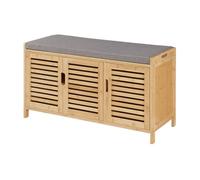 [en.casa] Banco Zapatero Mueble de Entrada Recibidor con Puertas de Rejilla Buena Ventilación Asiento Tapizado Bambú Tela 50 x 90 x 35 cm - Gris/Natural