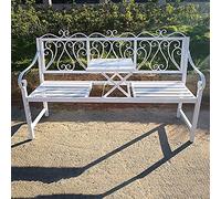 Bancos de jardín, banco de patio de parque de 60 pulgadas, banco de jardín de hierro fundido, banco de ocio al aire libre con mesa central, resistente a la intemperie re (blanco B)