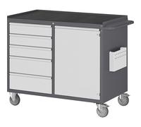 Bancos de trabajo compactos, rodantes RAU, 5 cajones, 1 puerta, bandeja metálica con estera de goma