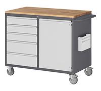 Bancos de trabajo compactos, rodantes RAU, 5 cajones, 1 puerta, tablero de trabajo de madera