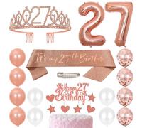 Banda de cumpleaños número 27, corona de princesa, corona de reina, diadema de diamantes de imitación, decoración para tartas, globos de helio número 27, globos de látex de oro rosa, decoración de