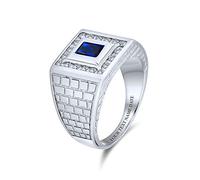 Banda de diseño geométrico personalizado con ladrillos, anillo de compromiso para hombres con piedra preciosa simulada de zafiro azul corte esmeralda de 2CT, ónix negro, grabado personalizado.