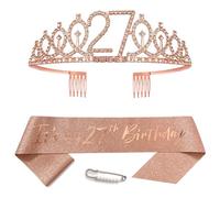 Banda de oro rosa para cumpleaños número 27 para niñas, cumpleaños de princesa, corona de reina, tiara de diamantes de imitación, diadema de cumpleaños para niñas, decoración de feliz cumpleaños para