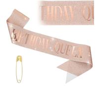 Banda de reina de cumpleaños, banda dorada con purpurina con pin de seguridad, regalos de feliz cumpleaños, accesorios de fiesta para mujeres (letras de oro rosa)