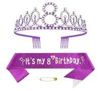 Banda morada de cumpleaños número 8 para niñas, cumpleaños, princesa, corona, reina, tiara de diamantes de imitación, diadema de cumpleaños, decoración de feliz cumpleaños para niñas, suministros de