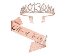 Banda y corona de 13 cumpleaños, banda y tiara oficial de oro rosa para adolescentes, regalos de 13 cumpleaños para felices fiestas de 13 cumpleaños
