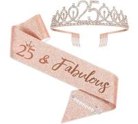 Banda y tiara de cumpleaños número 25 para mujer, corona de cumpleaños de oro rosa y fabulosa banda y tiara para mujer, regalos de cumpleaños 25 para fiestas de cumpleaños 25