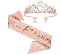 Banda y tiara de sexto cumpleaños para niñas, corona de banda de cumpleaños de oro rosa, 6 fabulosas fajas y tiara, sexto regalo de cumpleaños para felices fiestas de sexto cumpleaños