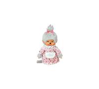 BANDAI 233150 - Abuela Monchhichi Original, de Felpa Gris, con Vestido y coleta Lazo, Aprox. 20 cm