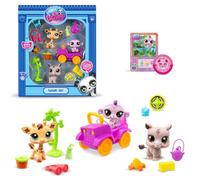 BANDAI Littlest Pet Shop, Pack de Juego Safari, Incluye 3 Mascotas, 3 Accesorios, 1 Tarjeta de coleccionista, 1 código Virtual, Cabezas Móviles, 1 Coche, Gen 7 (#53,#54, #55), BF00524 Multicolor