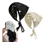 Bandana Diadema de bandana de 2 piezas Bufanda de cabeza de pañuelo de crochet transpirable con corbatas Hallow Floral Vintage Heavy Flowief para niñas Accesorios para el cabello Negro & Beige