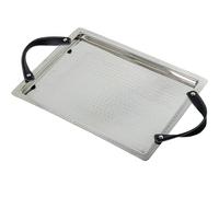 BANDEJA ACERO INOX. C/ASAS CUERO, MARTILLADO BRILLO_46X34X6CM INT:41X29CM
