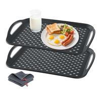 Bandeja antideslizante grande de 2 piezas con asa y punta antideslizante para aperitivos, frutas, postres, fiestas, desayunos (grande, negro, paquete de 2)