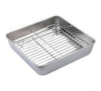 Bandeja cuadrada de acero inoxidable 430 de 5 cm de profundidad para hornear, vaporizar, drenar y almacenar alimentos, diseño apilable con estante de alambre (20)