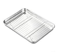 Bandeja de acero inoxidable con rejilla de drenaje de aceite separada para cocinar en varias etapas, incluyendo hornear a la parrilla y drenaje posterior al calor (23 x 17 cm)