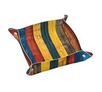 Bandeja de almacenamiento de cuero con impresión de tablas de madera coloridas, impermeable y fácil de limpiar para llaves, joyas, maquillaje y otros objetos pequeños, tamaño pequeño, 9.8 x 9.8