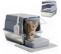 Bandeja de arena para gatos de acero inoxidable con tapa abatible, caja de arena grande de metal para gatos con cuchara, escalones y alfombrilla de arena de doble capa, inodoro para mascotas a prueba