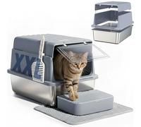 Bandeja de arena para gatos de acero inoxidable con tapa abatible, caja de arena grande de metal para gatos con cuchara, escalones y alfombrilla de arena de doble capa, inodoro para mascotas a prueba