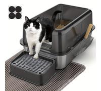 Bandeja de arena para gatos XXL de acero inoxidable con recinto desmontable, gran capacidad de 32L, tapete XXL para arena de gato, pala metálica y escaleras para gatos mayores