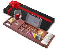 Bandeja de ba era SereneLife: bandeja extensible de bamb ajustable con asas antideslizantes, soporte para dispositivos y ranura para copas de vi