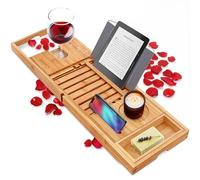 Bandeja de bambú de Lujo para bañera, Organizador Ajustable de Madera Natural con Soporte para Vino, colocación de Tazas, jabonera, Espacio para Libros y Ranura para teléfono para SPA, baño y Ducha