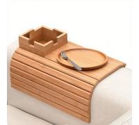 Bandeja de bambú para brazo de sofá con soporte para tazas, mesa plegable para bebidas, aperitivos, control remoto del teléfono, organizador de mesa auxiliar de madera para sala de estar, dormitorio