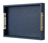 Bandeja de café de piel sintética azul marino con asas doradas, bandejas decorativas rectangulares para decoración del hogar, bandeja otomana grande para sala de estar