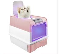 Bandeja de cama cerrada de gran capacidad, inodoro para gatos, con bandeja móvil extraíble, capaz de soportar hasta 15 kg, viene con una pala de arena (rosa con función antibacteriana)
