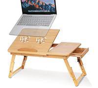 Bandeja de Cama de Bambú Ajustable con Cajón, Ranura para Taza y Orificios de Enfriamiento, Mesa Portátil Plegable, 50x30x20cm
