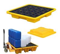 Bandeja de contención de derrames resistente para 1-4 tambores, plataforma de polietileno con rejilla, compatible con montacargas, ideal para almacenamiento de aceite y productos químicos
