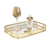 Bandeja de espejo dorada 35 x 25 cm, rectangular, bandeja decorativa para servir con cristal y hierro, bandeja decorativa para joyas, cosméticos, perfume, para salón, baño y mesa de comedor
