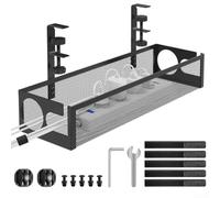 Bandeja de gestión de cables ajustable de metal debajo del escritorio para espacio de trabajo organizado con ranuras laterales para un fácil acceso a los cables y conectividad del dispositivo (negro