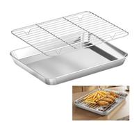 Bandeja de Horno con Rejilla Enfriamiento, Rectangular Acero Inoxidable, Pequeña Hornear y Servir, 26,5x20,5x2,5cm, Juego Cocinar Alambre, Fácil de Limpiar Apta para Lavavajillas