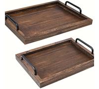 Bandeja de madera estilo con asa - Juego de tablas de comida decorativas anidadas de 2 piezas, para desayuno, /Butler (Grande 15.8 X 11.8 pulgadas, Pequeña 13.4 X 9.4 X 1.2 pulgadas)